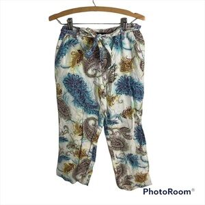 Alexandra Bartlett 100% Linen Pants Paisley Blue Yellow White Drawstring Sz 2